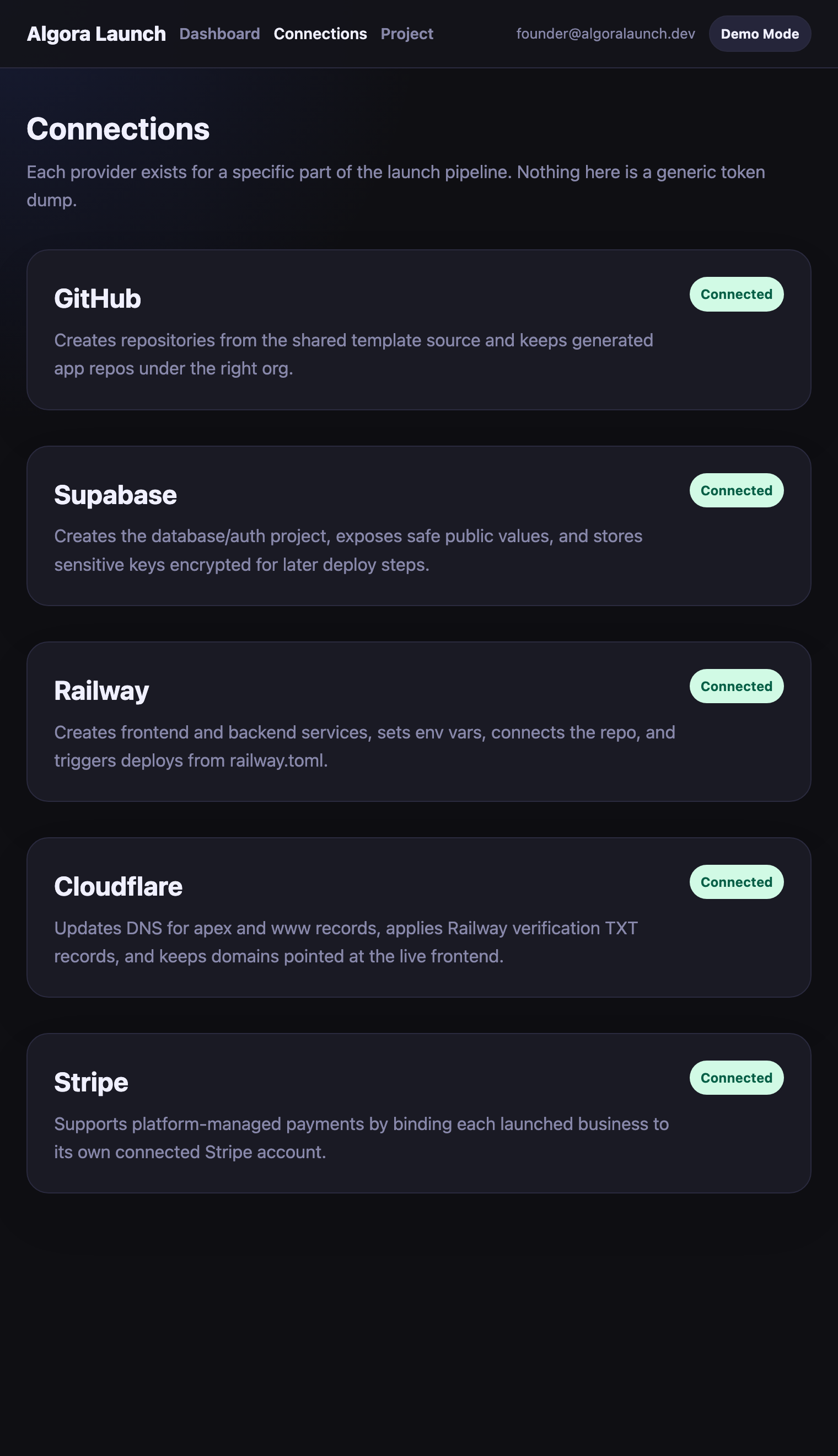 Connections preview showing provider setup cards